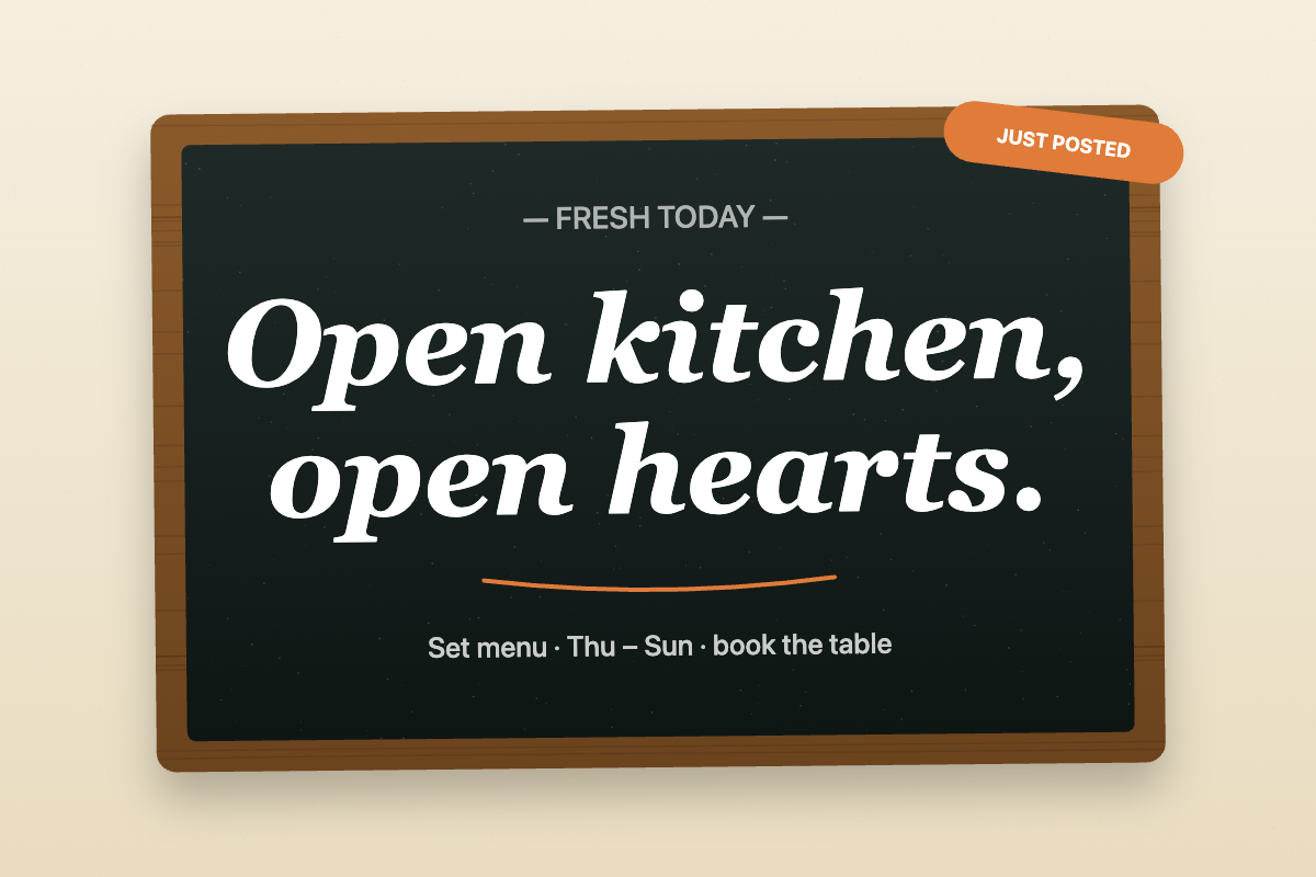 A chalkboard, handwritten note, or fresh menu